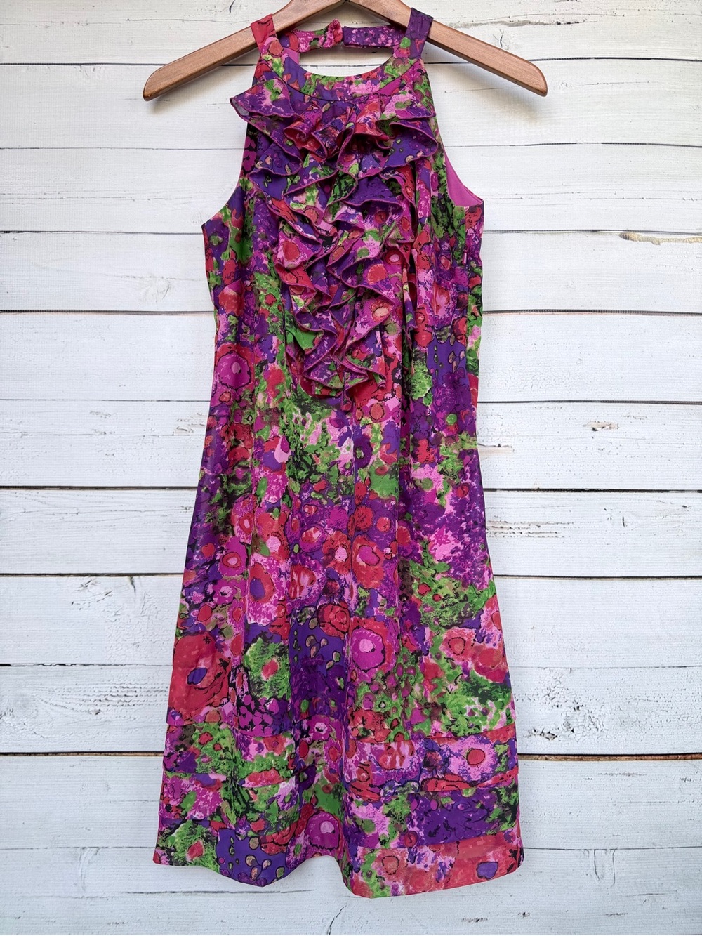 Madison Leigh Abstract Floral Halter Shift Dress with Ruffle Front - Size 6